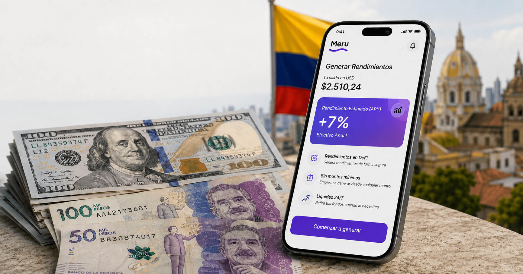 App de Meru mostrando rendimiento DeFi en Colombia