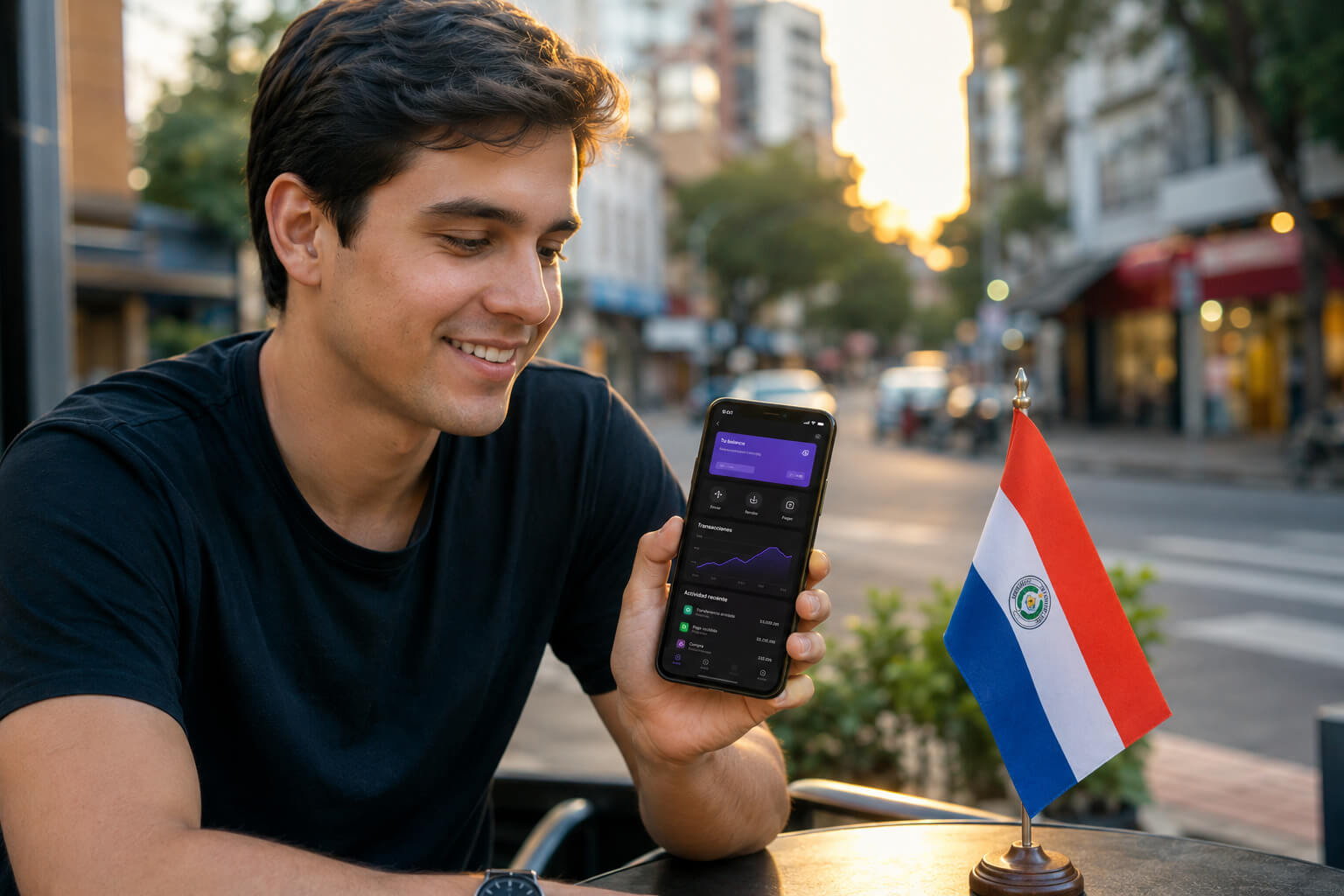 Persona usando una app de billetera digital en su celular en Paraguay,