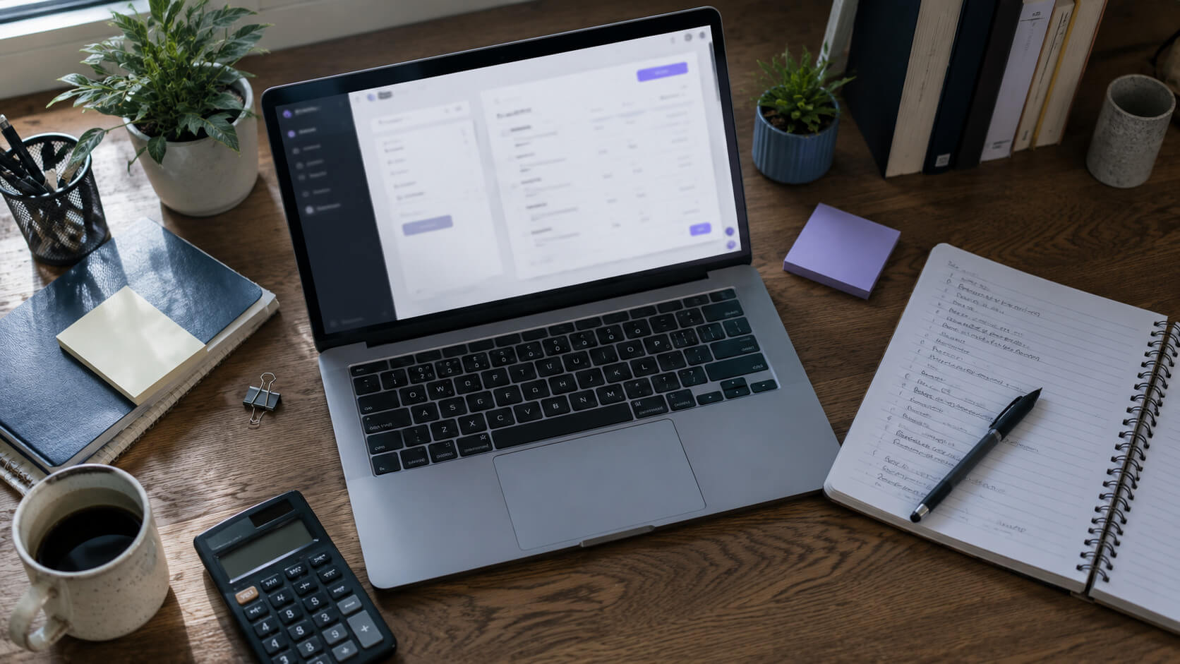 Escritorio de freelancer con factura, notas y calculadora