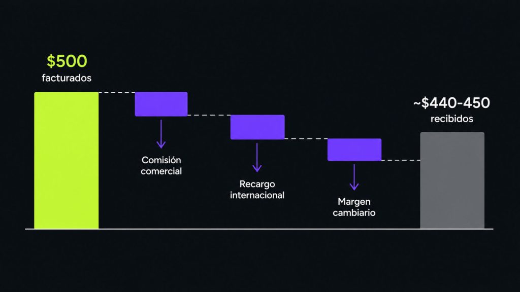 Infografía mostrando cuánto dinero se pierde en comisiones al cobrar con PayPal