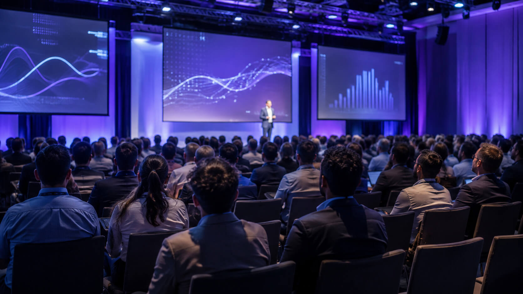Escenario de un evento fintech con audiencia y pantallas de presentación