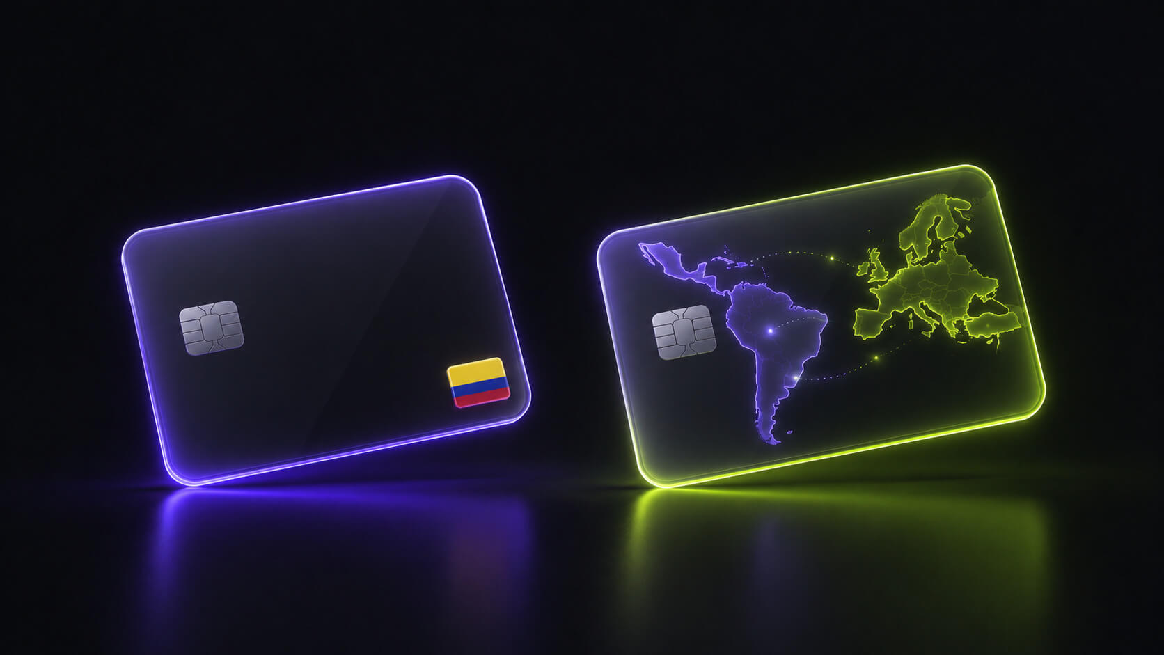 dos tarjetas en dólares, una con bandera de Colombia