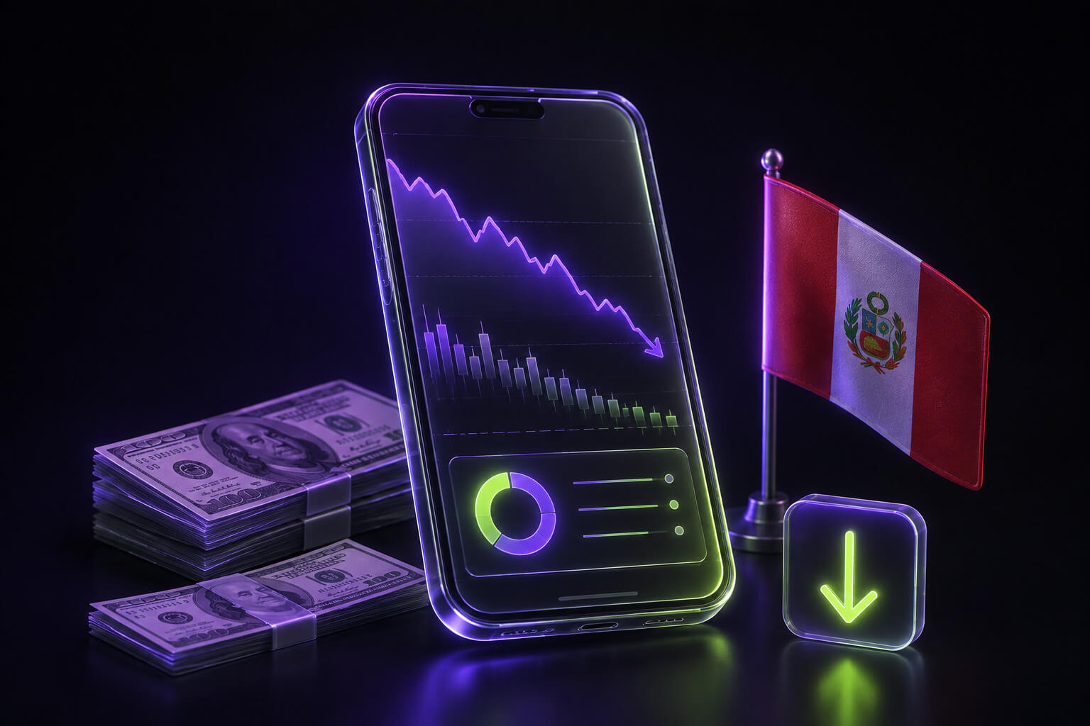 Gráfica de tendencia del tipo de cambio del dólar en Perú, con bandera peruana, en celular con app de Meru