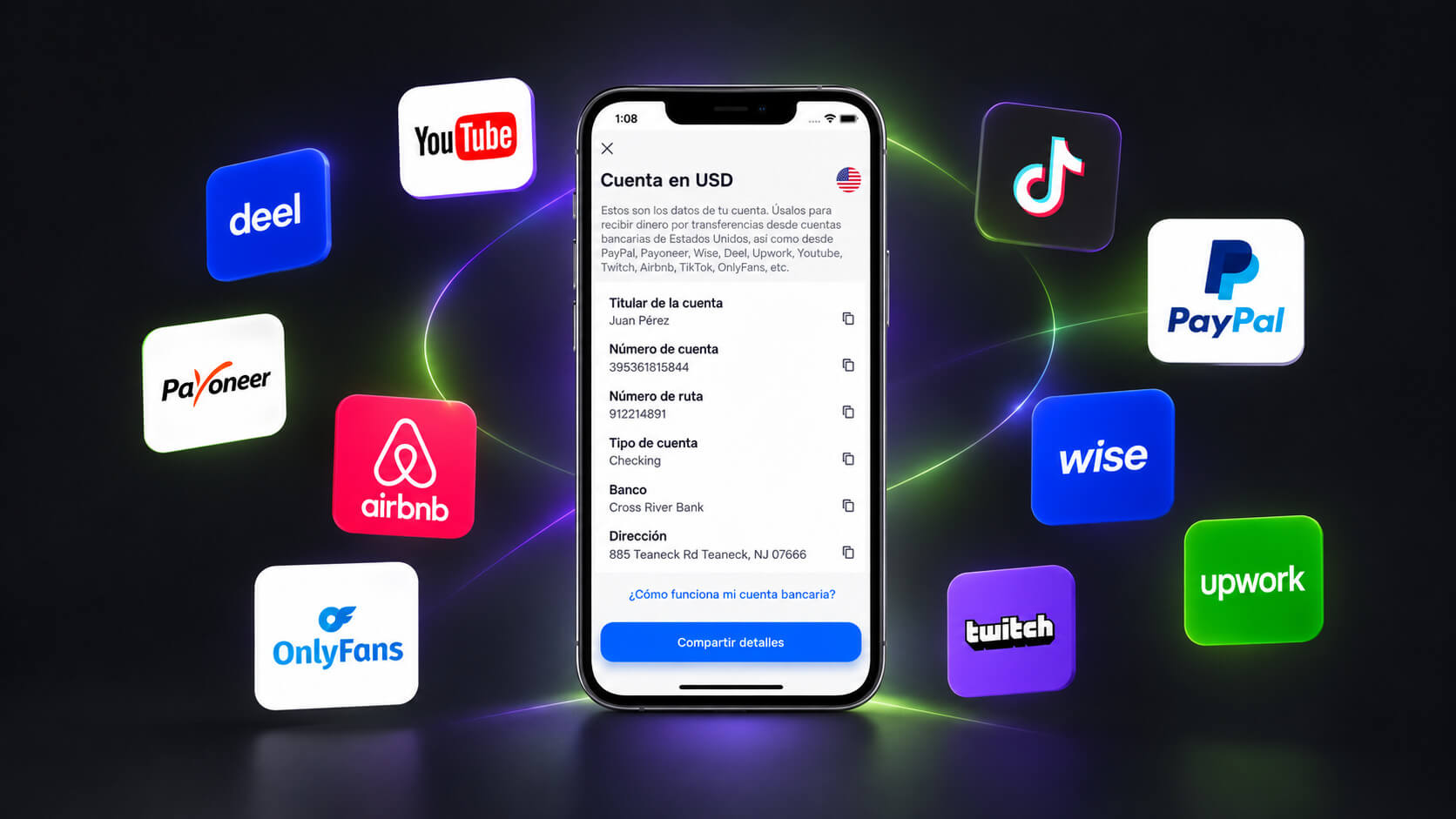 Pantalla de Meru mostrando la cuenta bancaria en Estados Unidos y las plataformas compatibles