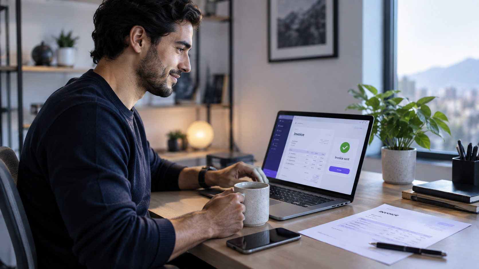 Freelancer enviando una factura profesional desde su laptop