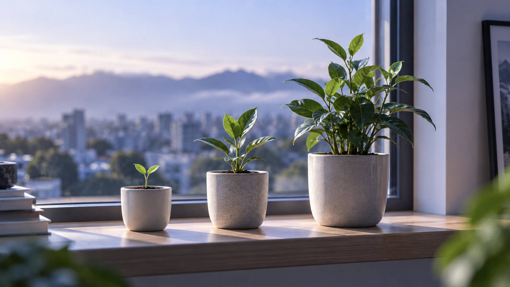 Planta creciendo en macetas de tamaño creciente, simbolizando el crecimiento del interés compuesto